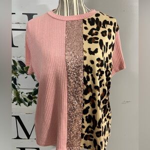SHEIN Pink and Leopard Print Sequin Blouse